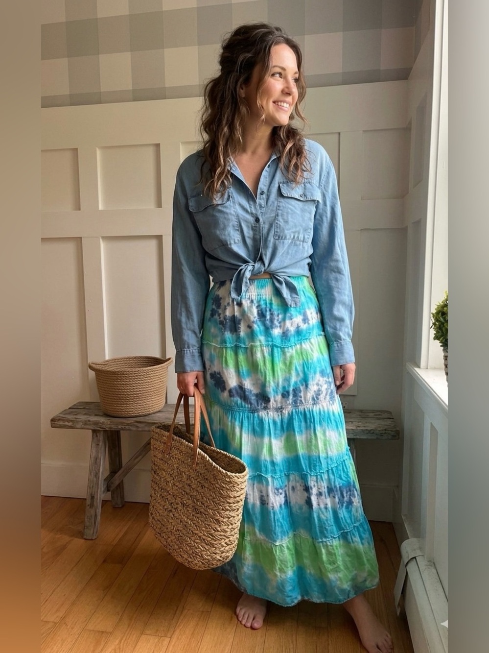 Italian‎ Cotton Bella Spiga Tie-Dye Tiered Maxi Skirt in Blue & Green XL